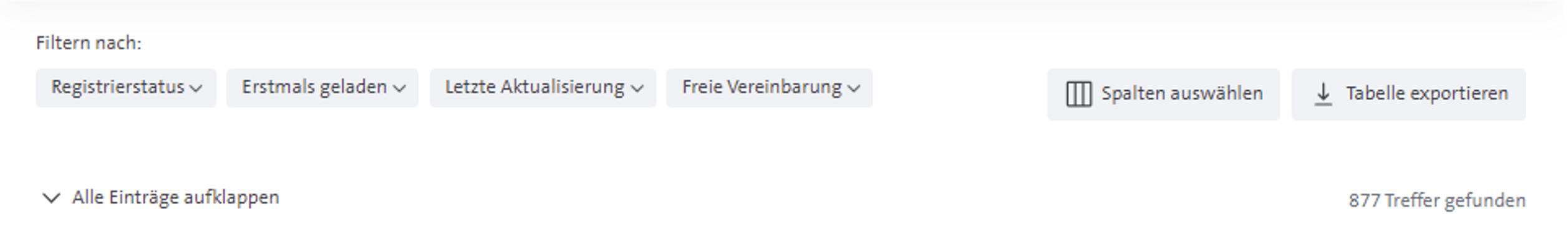 Benutzeroberfläche mit Filteroptionen und Tabelle zum Exportieren, 877 Einträge gefunden.