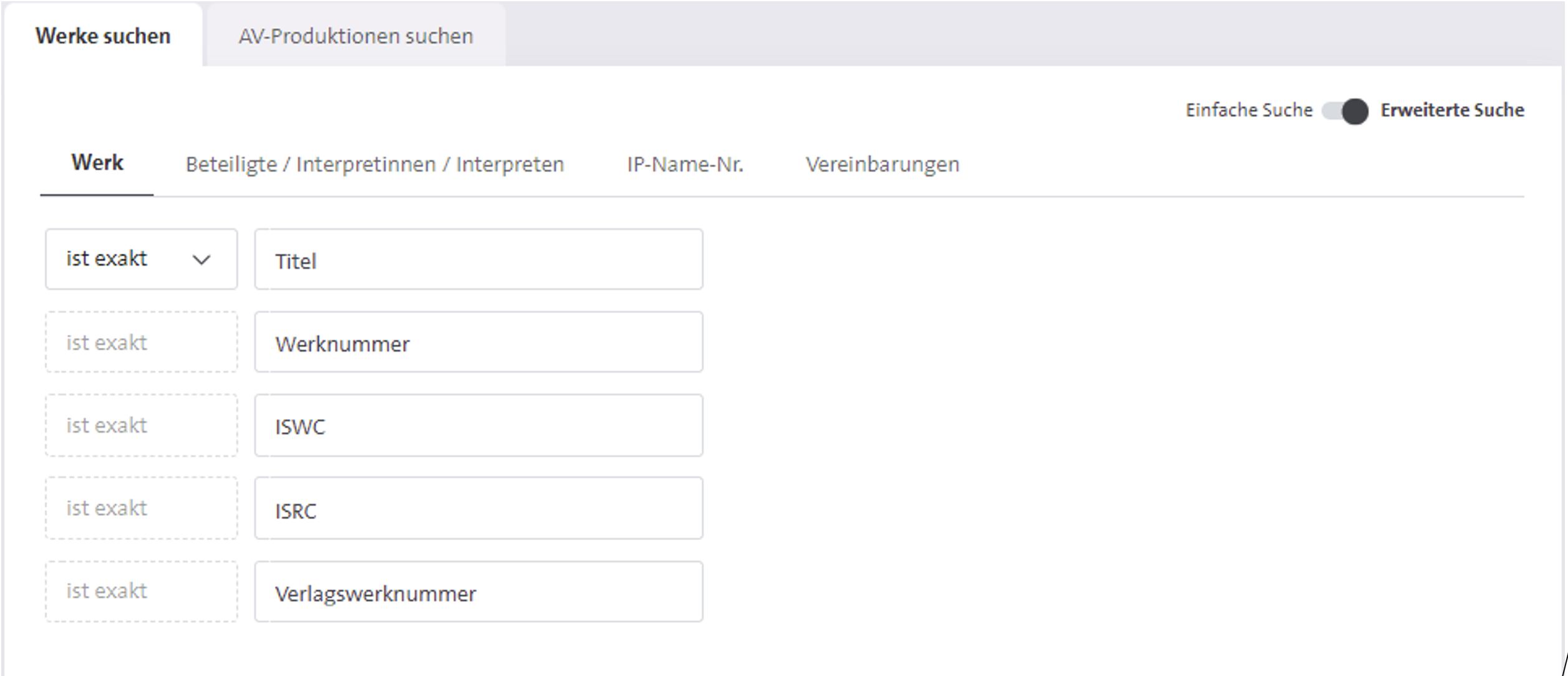 Suchmaske mit Feldern für Titel, Werknummer, ISWC, ISRC und Verlagswerknummer, erweiterte Suche aktiviert.