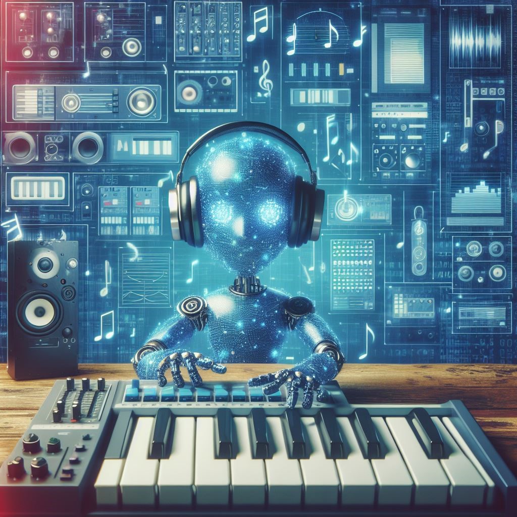 Ein Roboter mit Kopfhörern spielt ein Keyboard vor einer Wand voller Musiksymbole und Technik.