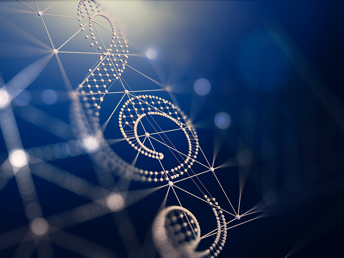 Abstrakte 3D-Struktur aus verbundenen, leuchtenden Punkten und Linien vor blauem Hintergrund.