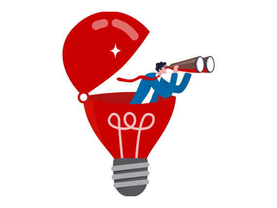 A person with a telescope stands inside a red light bulb with the top open, surrounded by stars.