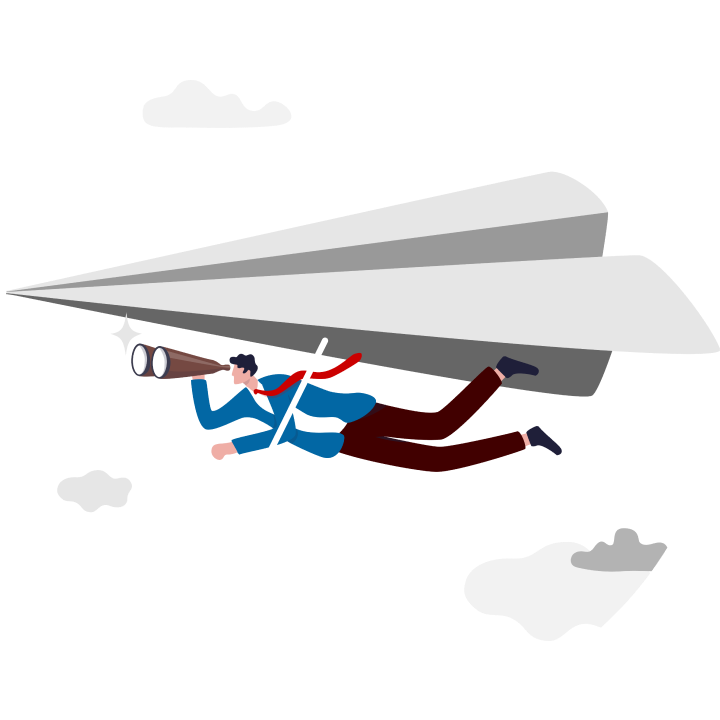A person in a suit flies on a paper airplane, holding binoculars, surrounded by clouds.