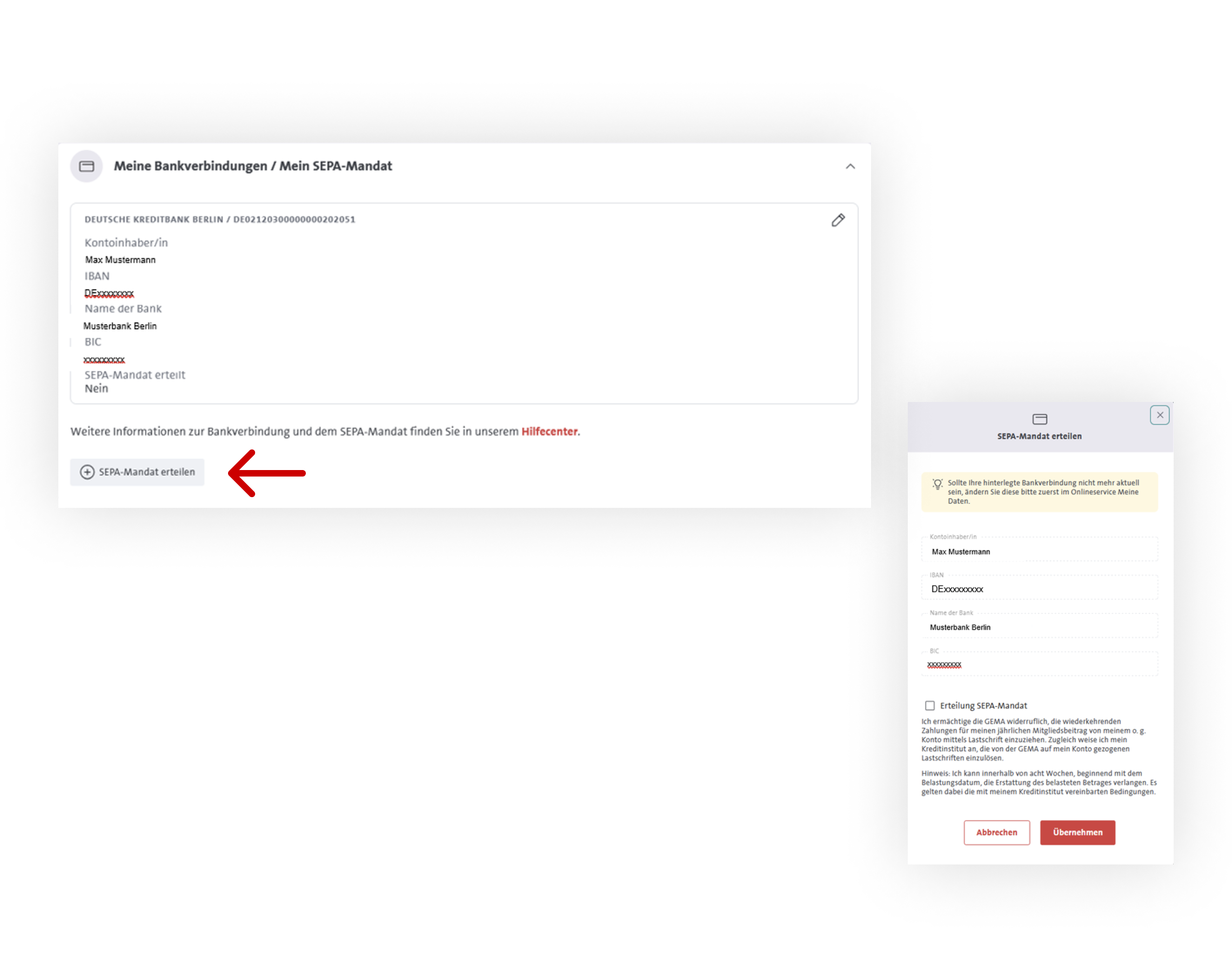 Klicken Sie auf SEPA-Mandat erteilen in Meine Bankverbindungen. Ist die Bankverbindung korrekt, klicken Sie auf Erteilung SEPA-Mandat und auf Übernehmen.